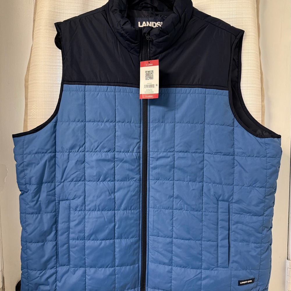 Men’s Lands' End Puffer Vest, Two-Tone Quilted, Size XL